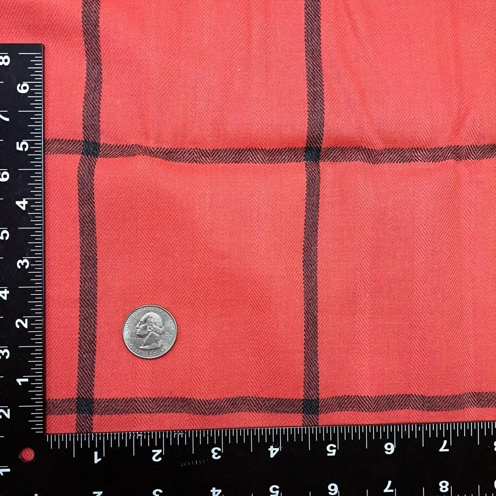 Vintage Fabric 1.47 Yard Red Black Windowpane Herringbone Check Apparel Material